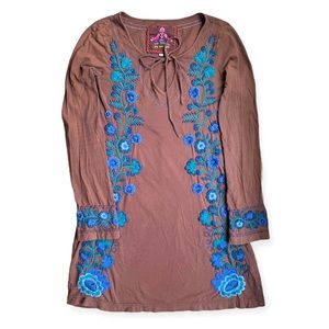 Johnny Was Brown Cotton Embroidered Tunic / Mini Dress, sz XS